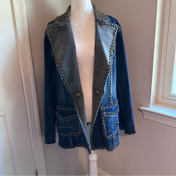 ADORE Western Denim Studded Jean Jacket Blazer, Military style, Large - Picture 3 of 13